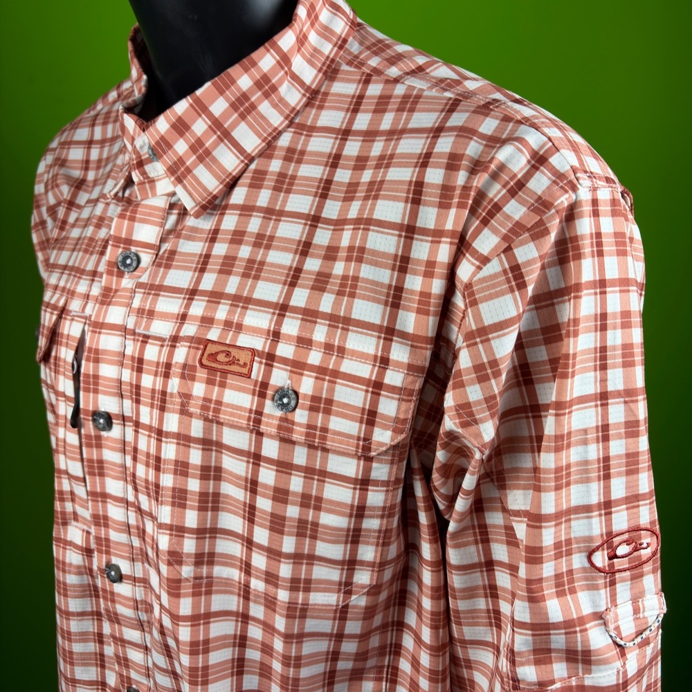 Drake Waterfowl 8-Shot Flyweight Shirt Mens XL Orange Plaid Vented Long Sleeve